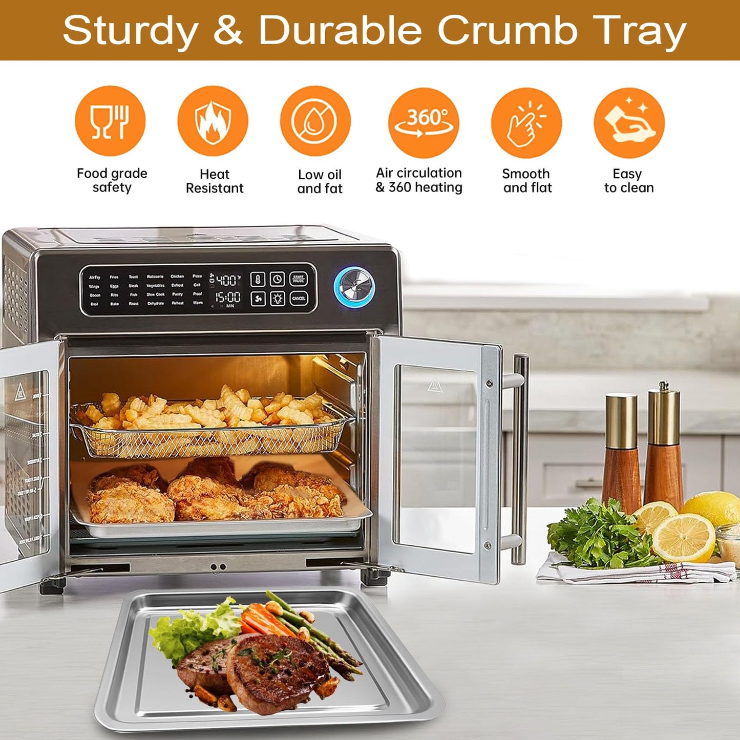 5-Piece Air Fryer Accessories Set for Emeril Lagasse 26QT, Includes Baking Pan, Air Fryer Basket, Rack, 2 Non-Stick Mats & 100 Parchment Papers, Stainless Steel Bakeware Set