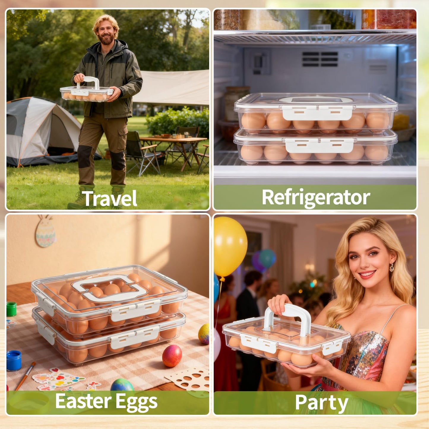 RoskDeewat Deviled Egg Containers with Lid, 2 Pack Thick Clear Plastic Deviled Carrier with Handle Storage 48 Eggs, Stackable Egg Holder Portable Tray Platter for Fridge, Travel, Party-White
