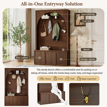 Merax Farmhouse Hall Tree with Bench and 3 Cabinets, 4-in-1 Entryway Coat Rack with 4 Golden Hooks and Top Compartments, 77.5" Retro Arched Entryway Hall Tree for Hallway, Mudroom, Entrance, Walnut