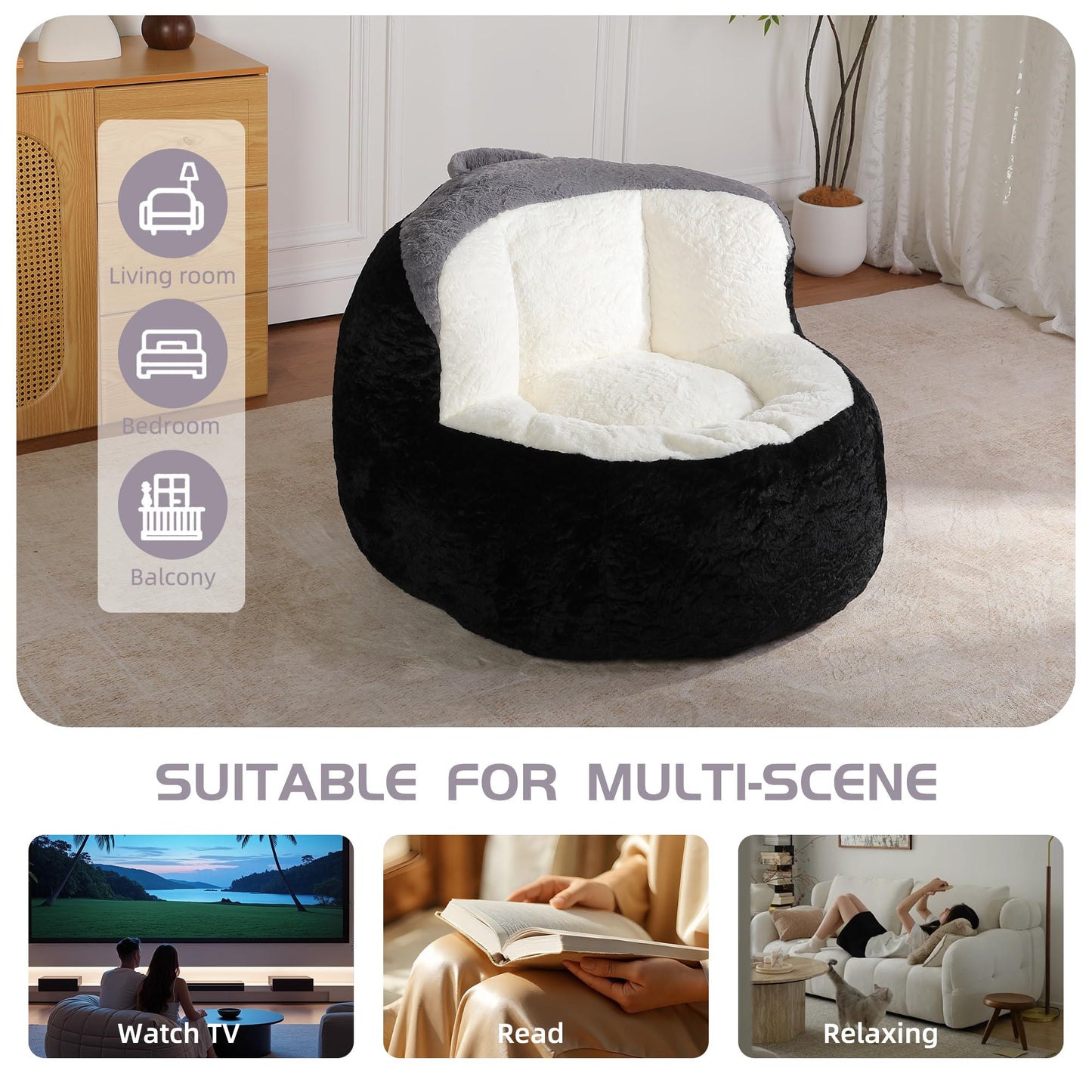 Oversized Bean Bag Chairs,Multicolor Faux Fur Couch Filled with Shredded Sponge,Large Lounger Sofa for Living Room,No Assembly Required, Black+White+Grey