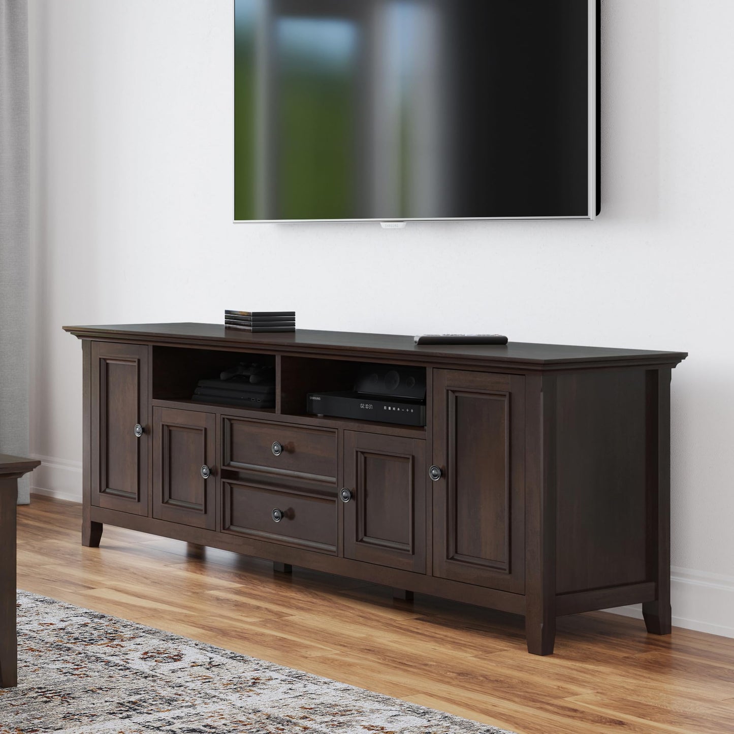 SIMPLIHOME Amherst TV Stand - 72 inch Wide Solid Wood Media Console in Brunette Brown, Transitional Entertainment Center for Living Room for TVs up to 80 Inches with Shelves and Cable Management