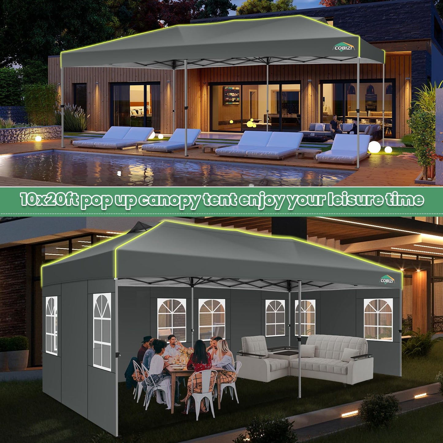 COBIZI 10x20 Pop Up Canopy Tent with 6 Removable Sidewalls, One Push Party Tent Outdoor Waterproof Event Canopy with Air Vent for Parties Commercial Wedding, 3 Height, Carry Bag, Sandbag, Gray