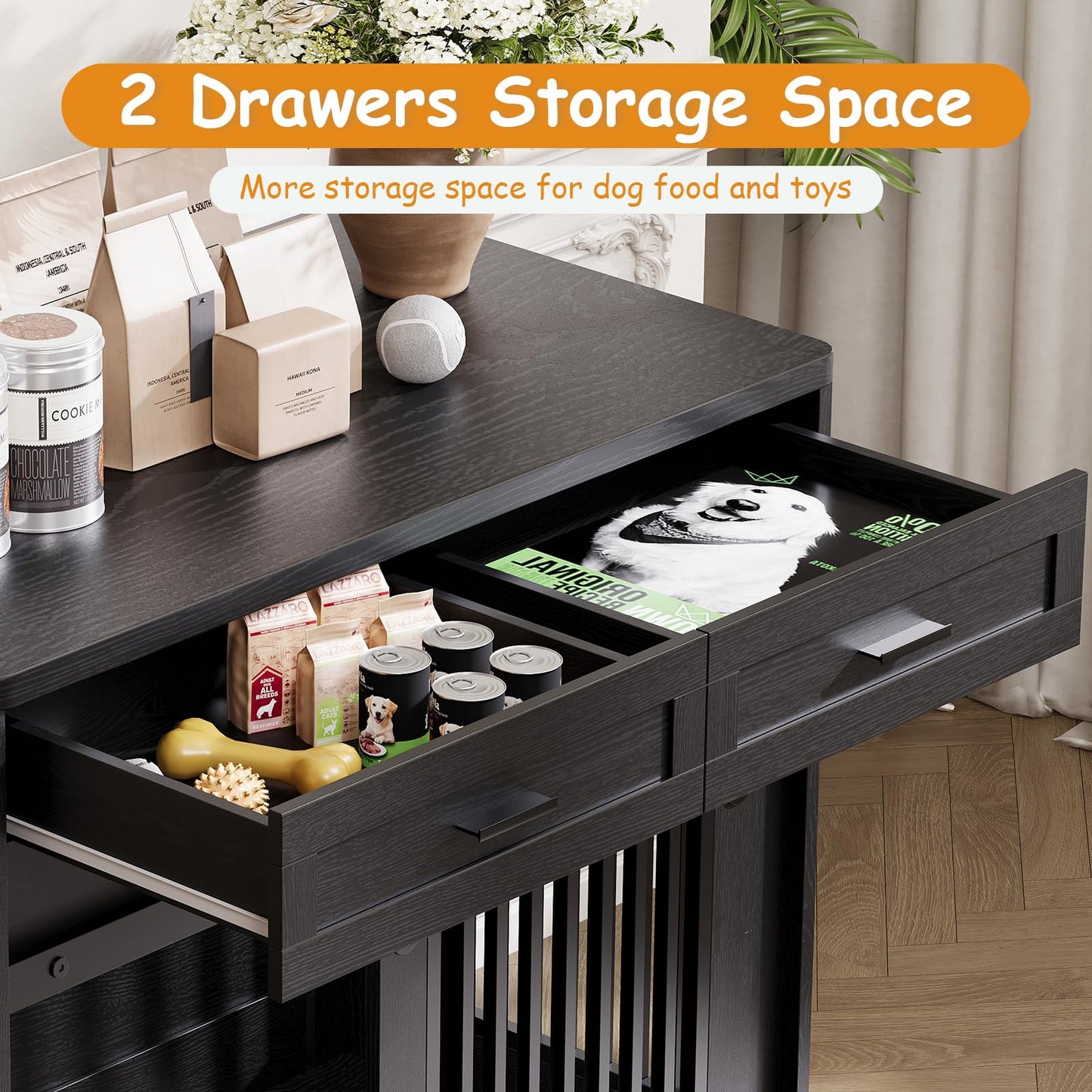 44.5''Large Dog Crate Furniture with 2 Storage Drawers,Heavy Duty Dog Kennel Indoor with Hook,Dog Kennel End Table TV Stand, Farmhouse Style Dog Crates with Sliding Barn for Medium/Large Dogs,Black
