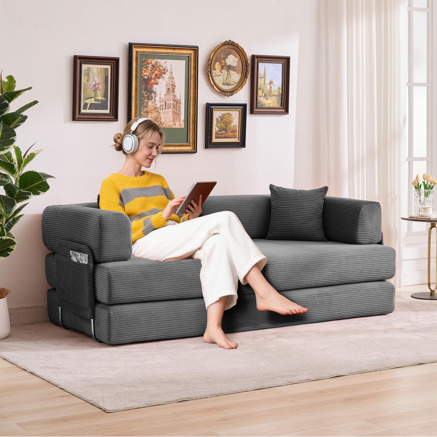 IDEALHOUSE Convertible Sofa Bed 5-in-1, 78.8 Inch Folding Futon Couch with Pull Out Bed, Corduroy Upholstered No-Assembly Loveseat Sleeper for Living Room, Bedroom, Lounge, Grey