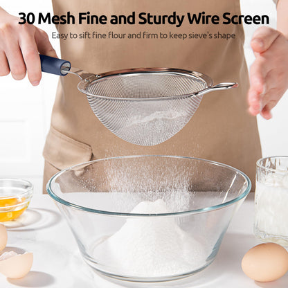 U-Taste Medium Fine Mesh Strainer: 18/8 Stainless Steel 4.73in 30 Mesh Kitchen Food Sieve with Sturdy Riveted Silicone Handle, Heavy Duty Deep Handheld Metal Colander for Rice, Quinoa(Midnight Blue)
