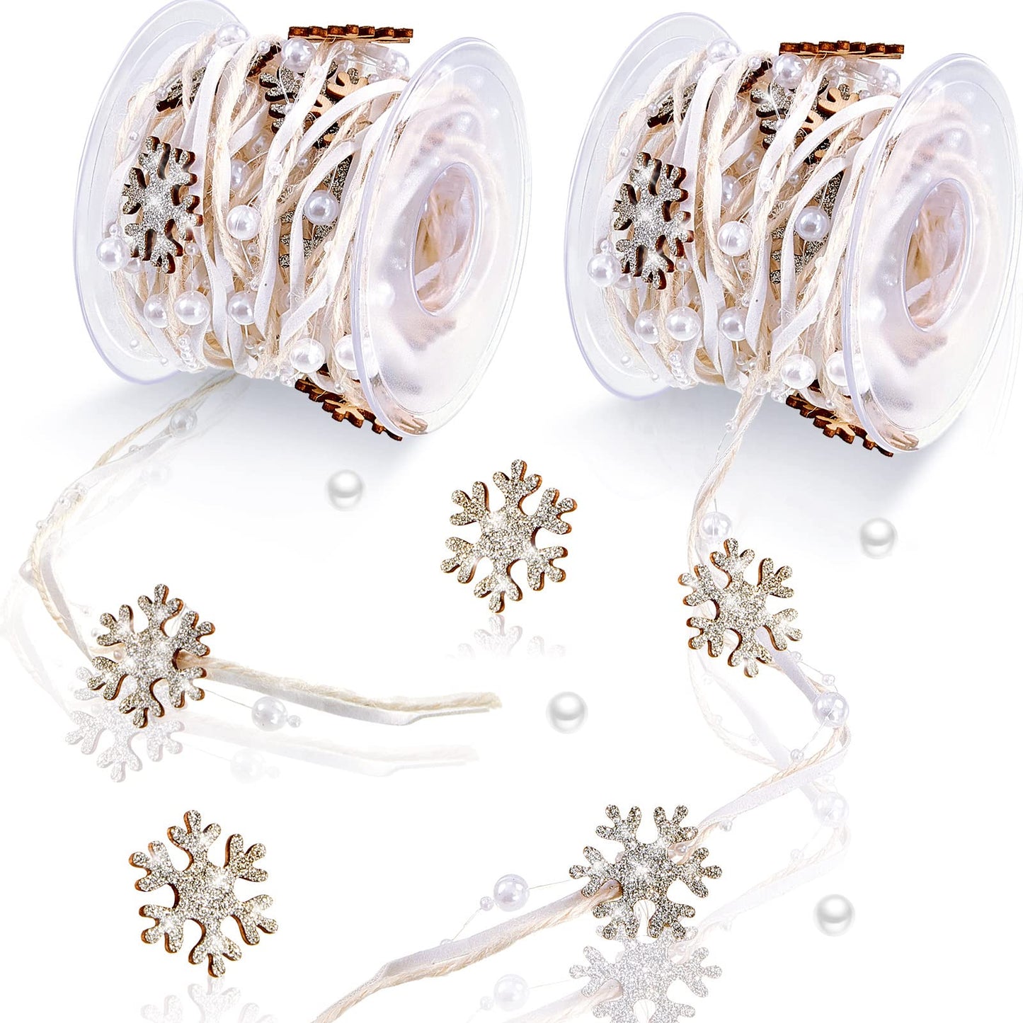 Taiyin 2 Rolls Snowflake Christmas Beads Ribbon 5.5 Yards Christmas Tree Trim Rope White Bead Pearl Ribbon Xmas Decoration for Gift Wrapping, Wreath, Garland, DIY Crafts Ornaments, Wedding Party Decor