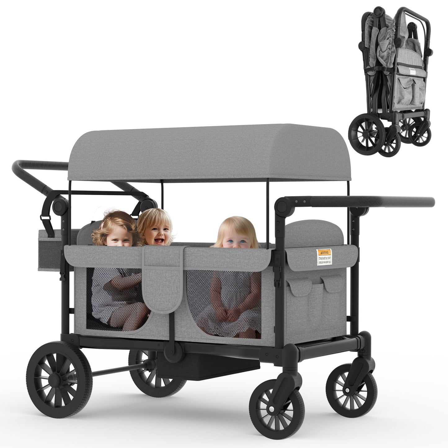 Xilingol 4-Seater Wagon Stroller for Kids, Foldable Outdoor Wagon with Canopy, Adjustable Handle, 5-Point Harness, Detachable Tray & Carry Bag (Grey)