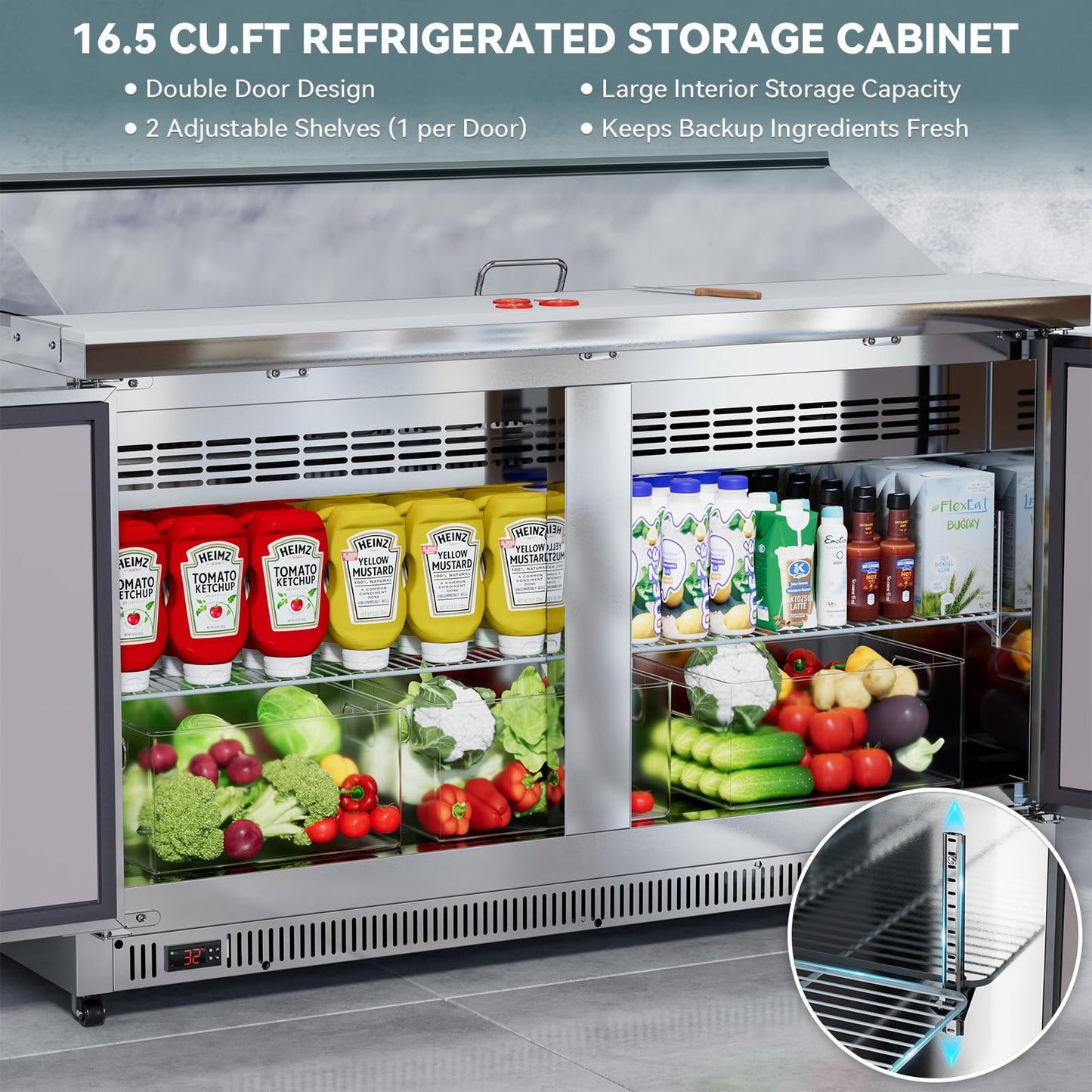 60" Commercial Sandwich & Salad Prep Refrigerator, 16.5 Cu.Ft Prep Table with 16 GN Pans, Stainless Steel Salad Bar Fridge with 60 Inch Cutting Board & Wheels for Restaurant, Catering, Food Truck