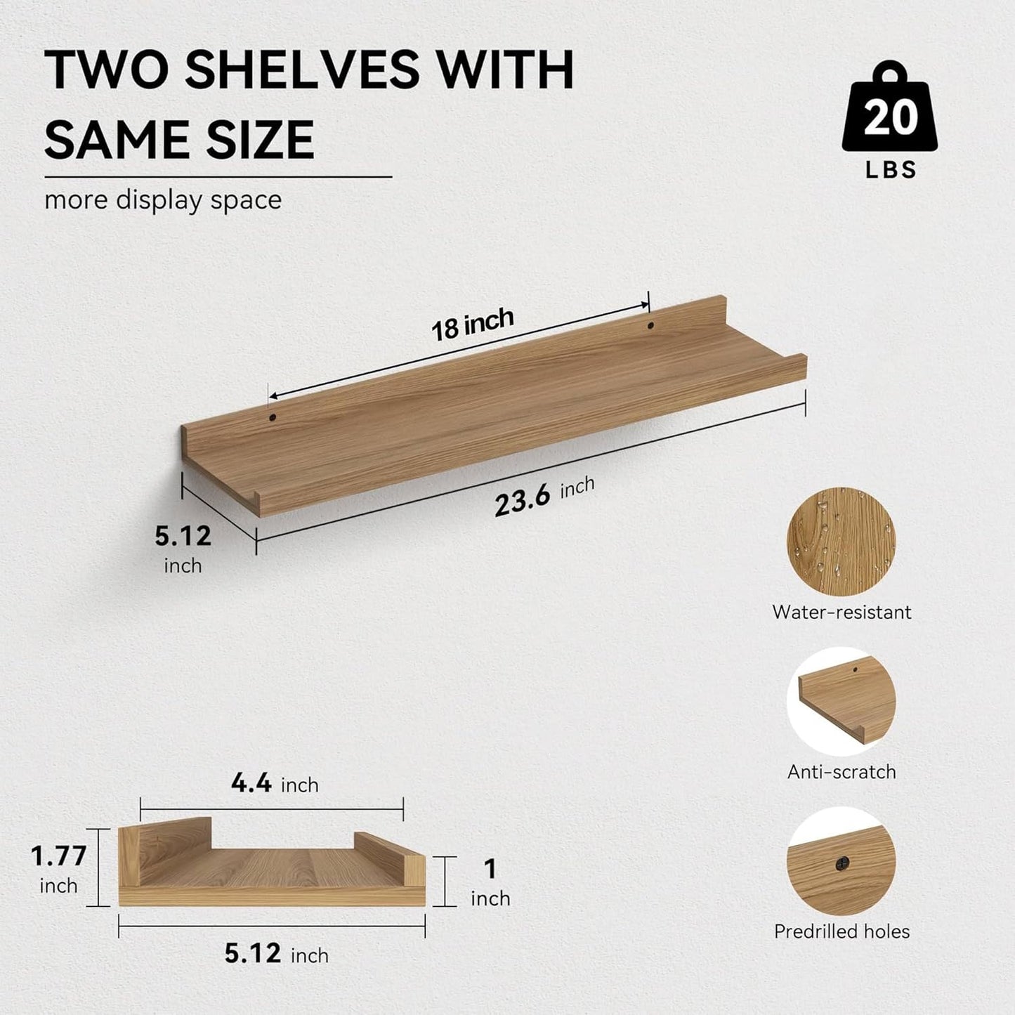 23.6 Inches 2 Set Boswillon Long Floating Shelves, Modern Wall Shelf for Bedroom, Nursery Book Shelf with Lip, Picture