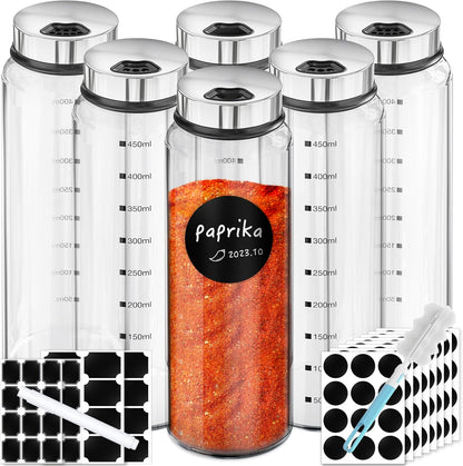 6 Pack 15oz Set 136 1 Segarty Glass Spice Jars, Large Spice Jar with Labels, Clear Empty Spice Containers with Shaker