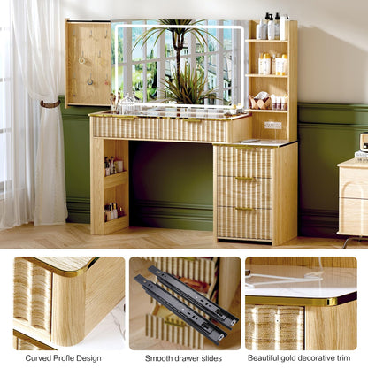 GRUTEUNIT 51" Vanity Desk with Power Outlet, Makeup Vanity with Mirror and Lights, 3 Lighting Modes, Vanity Table with Glass Top, 5 Drawers, and Jewelry Storage,Oak