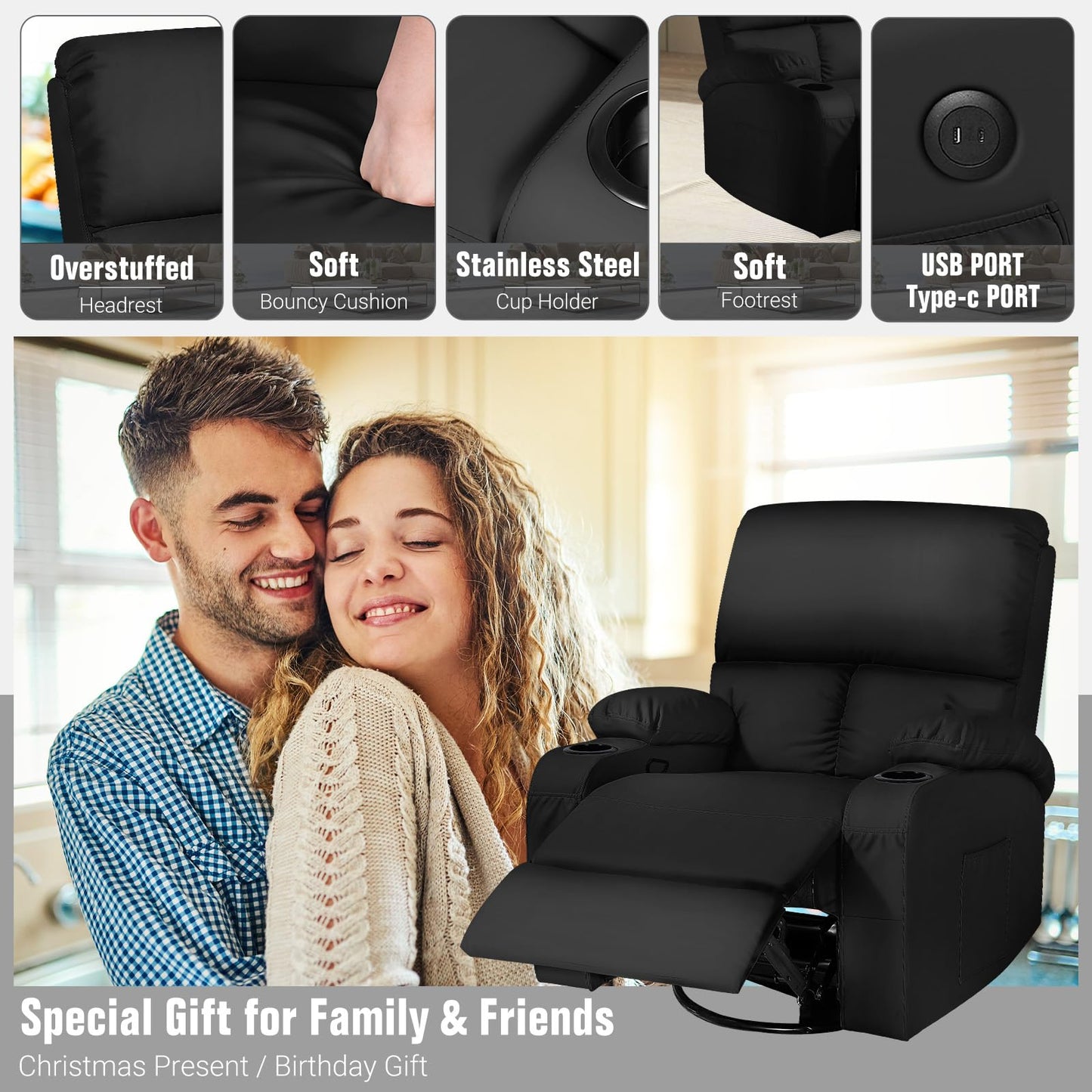 LAFWELL Rocking Recliner Chair, Massage Rocker Recliner Chair with Vibration Massage and Heat, USB and Type-C Ports,360° Swivel Faux Leather Chairs, Living Room, Bedroom, Nursery, RV, Black