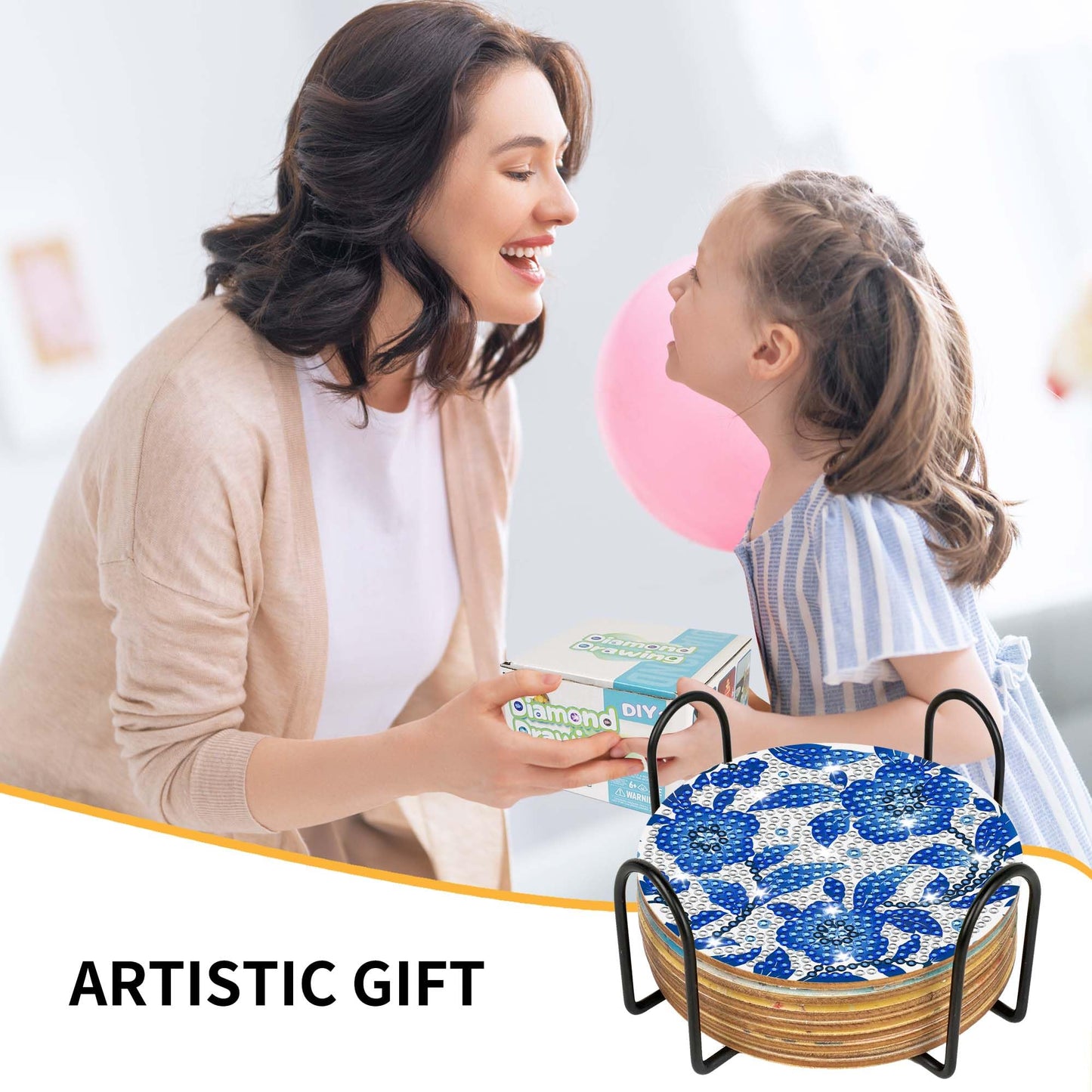 Blue Floral Diamond Art Coasters, 8pcs Blue and White Chinoiserie Floral Diamond Painting Coaster Kit, Elegant Flower Diamond Art with Holder Cork Pads, DIY Craft for Adults Beginners Home Decor Gifts
