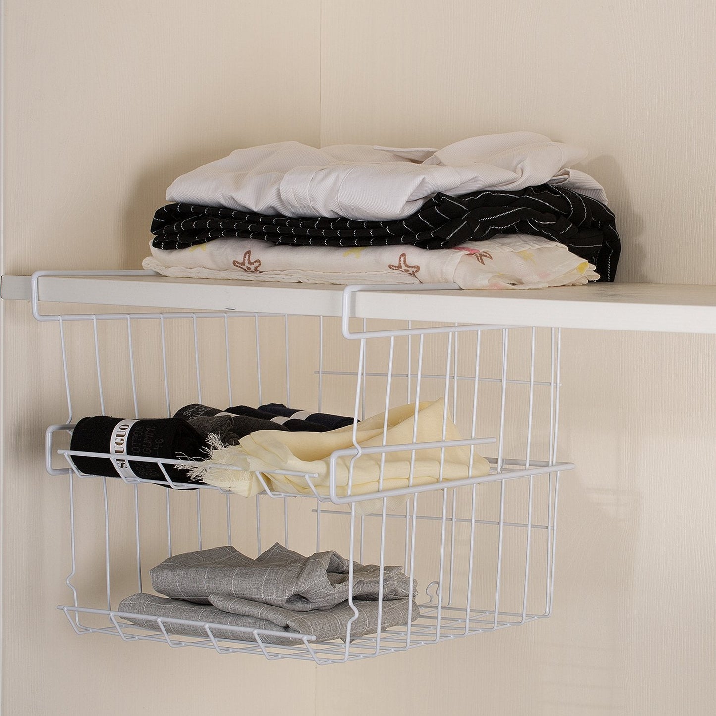 Lonians 2-Pack Under Shelf Hanging Storage Baskets - Metal Wire Rack Organizer for Kitchen, Pantry, Cabinet, Bathroom, Desk - Space Saving Shelf Extender (White, Large)