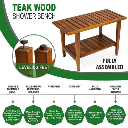 TeakCraft Teak Shower Bench with Shelf 30 inch Wood Spa & Shower Stool - Fully Assembled, The Liv