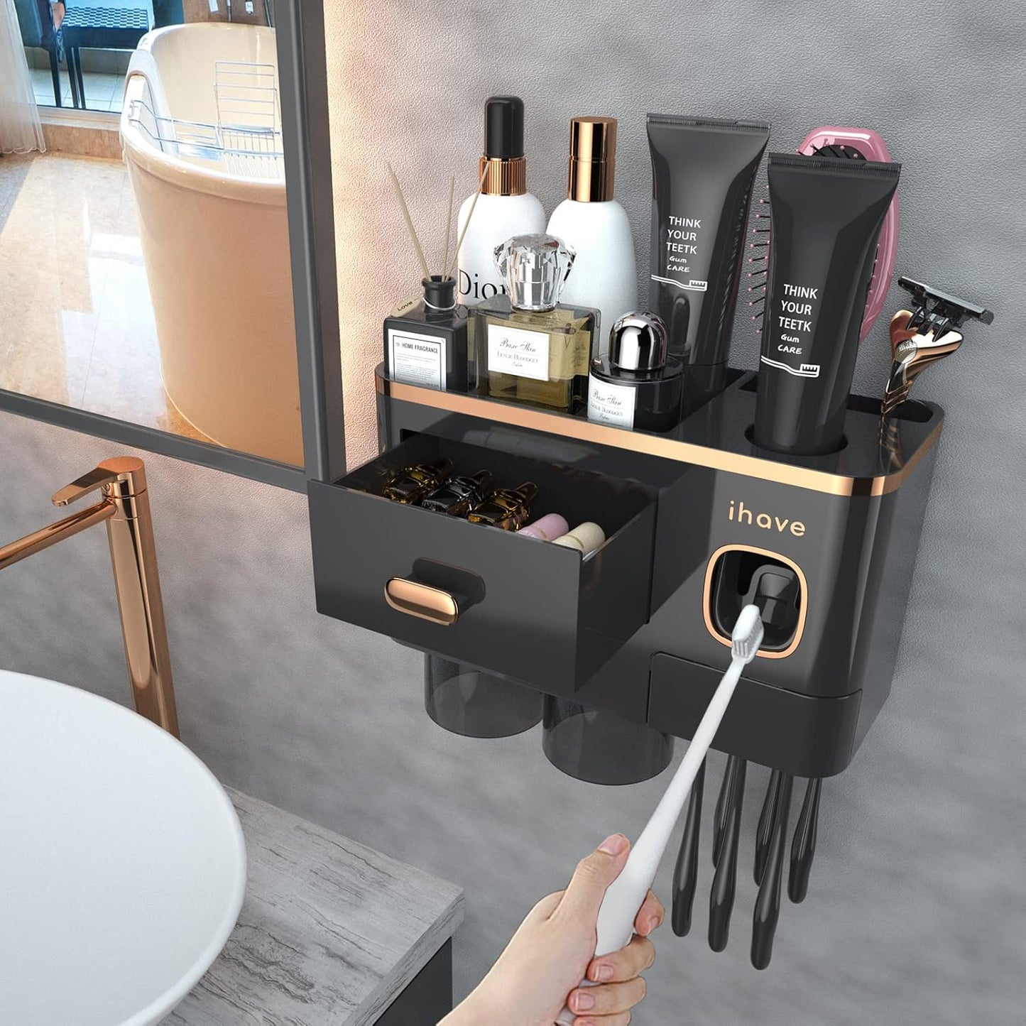 2 iHave Toothbrush Holders Wall Mounted with Toothpaste Dispenser & Cups - Luxury Black and Gold Design for Bathroom