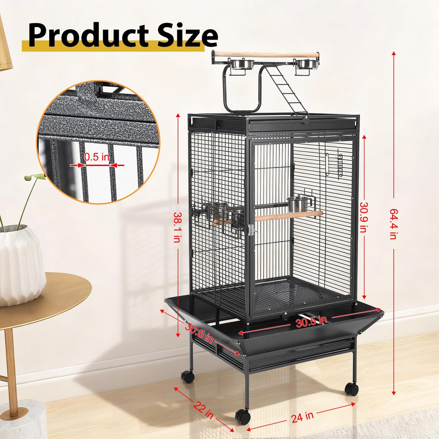 64.4" Tall Large Bird Cage, Metal Parrot Cage with Rolling Stand, Play Top & Bowls - Bird Aviary for Parrots, Parakeets, Conures, Cockatiels, Indoor Outdoor Aviary for Outside Porch Garden Yard