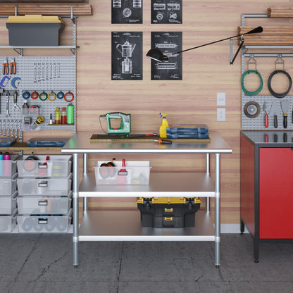 Stainless Steel Work Table with 2 Shelves | Metal Utility Table | Commercial & Residential NSF Utility (Stainless Steel Table with 2 Shelves, 48" Long x 30" Deep)