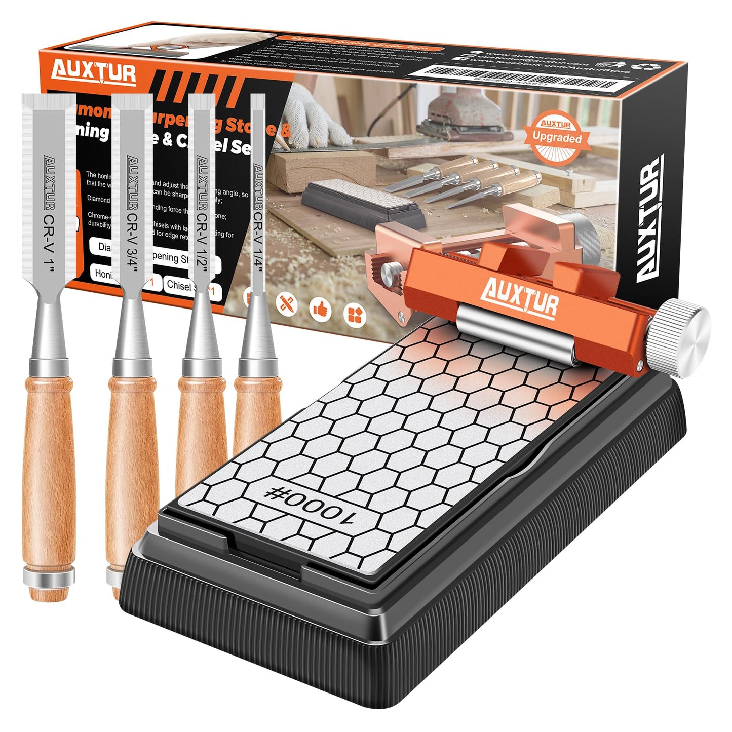 AUXTUR Sharpening Stone with Honing Guide Tool,chisel set for Woodworking,Flattening Stone,Complete Sharpening System Tools for Chisel Sharpening and Plane Restoration (guide+stone+chisel)