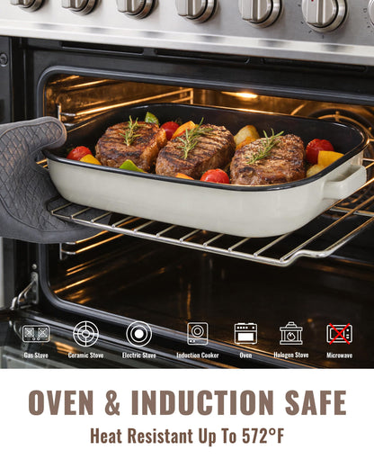 MCCSI Roasting Pan for Oven with Rack 6-Piece Enamel Lasagna Baking Dishes Set 14&17 Inch, 572°F High Temperature Resistance Dishwasher Safe Non-Stick Deep Turkey Roaster Pan Mothers Day Gift Bakeware