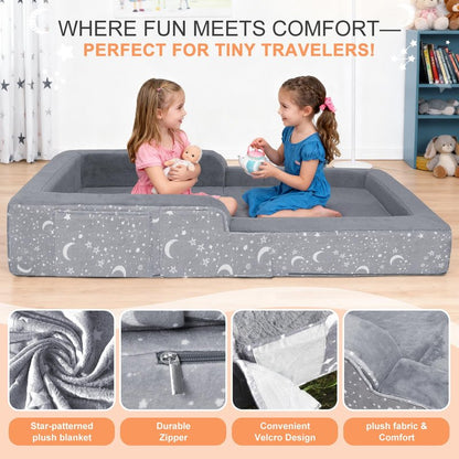 Portable Toddler Travel Bed, 2 in 1 Foldable Toddler Bed Sofa Chair, Soft Baby Kids Travel Floor Beds with Washable Cover, Blanket, Safety Foam Raised Bumper for Camping Hotel Grandma’s House Sleeping