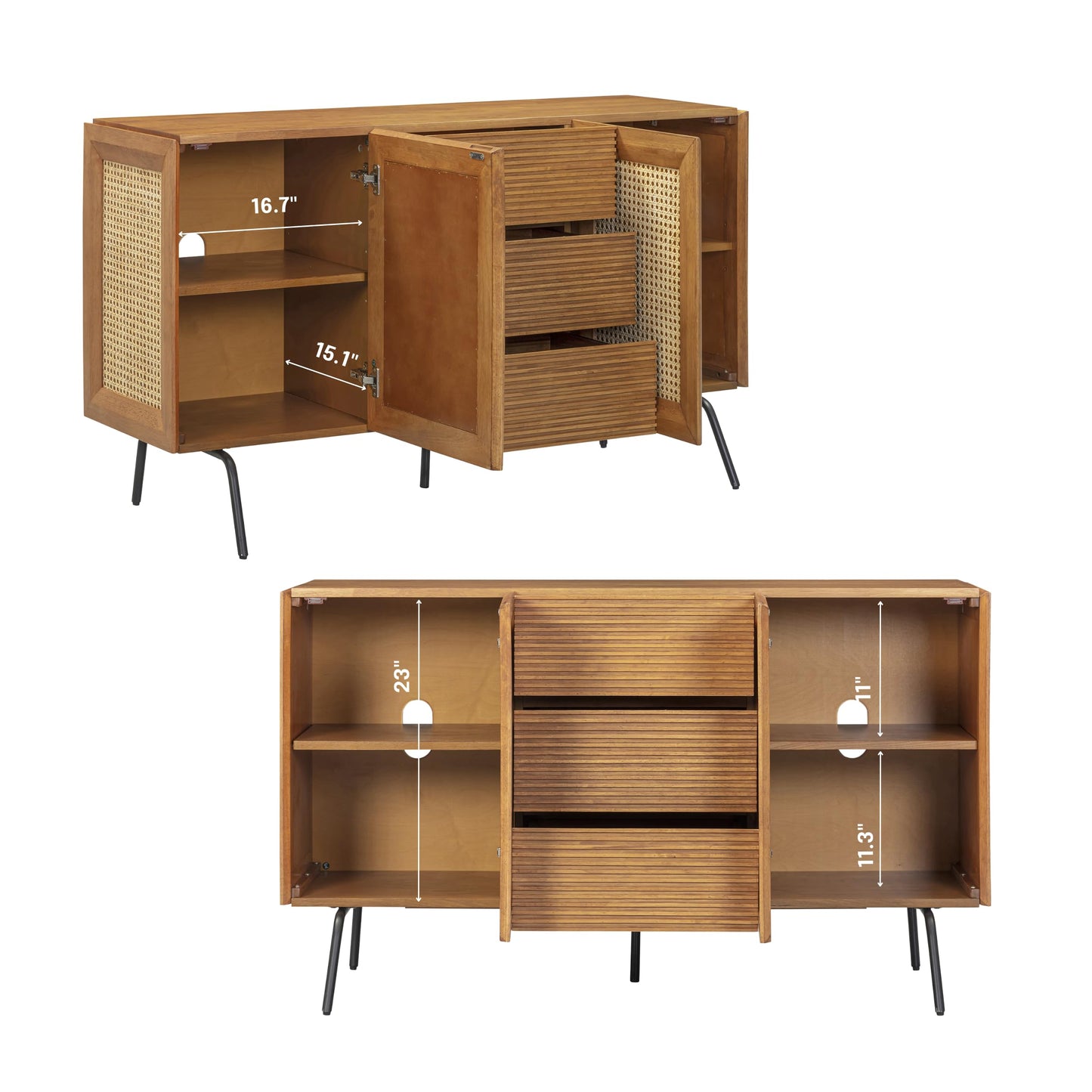 NTC MOSSIC Sideboard with 2 Doors and 3 Drawers, Buffet Cabinet with Natural Rattan and Metal Legs, Modern Storage Cabinet for Living Room, and Hallway, Effortless Assembly, Teak Look