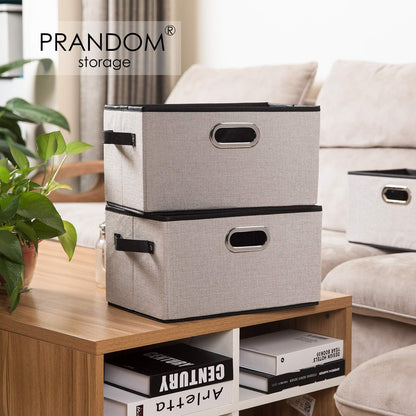 PRANDOM 3-Pack Foldable Storage Bins for Closet, Decorative Fabric Storage Baskets with Leather/Metal Handles, Light