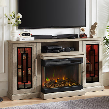 Unineo 59 Inch LED TV Stand with 3-Side Glass Fireplace, Modern Media Entertainment Center Console Table for TVs up to 65 Inch with Adjustable Color, 24’’ Fireplace, Highboy, Grey Wash