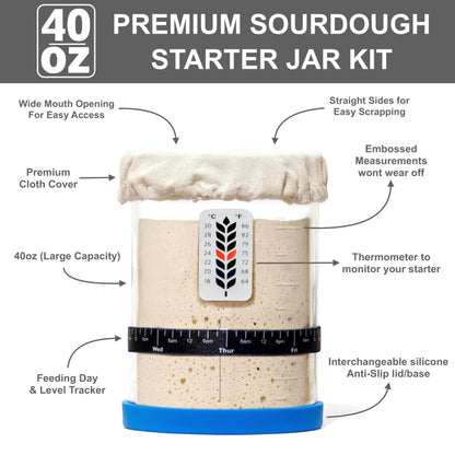 Premium Sourdough Starter Jar - 40oz Large Sourdough Jar with Marked Feeding Band, Thermometer, Scraper, Cloth Cover and Silicone Lid/Base, Wide Mouth Starter Kit - Blue