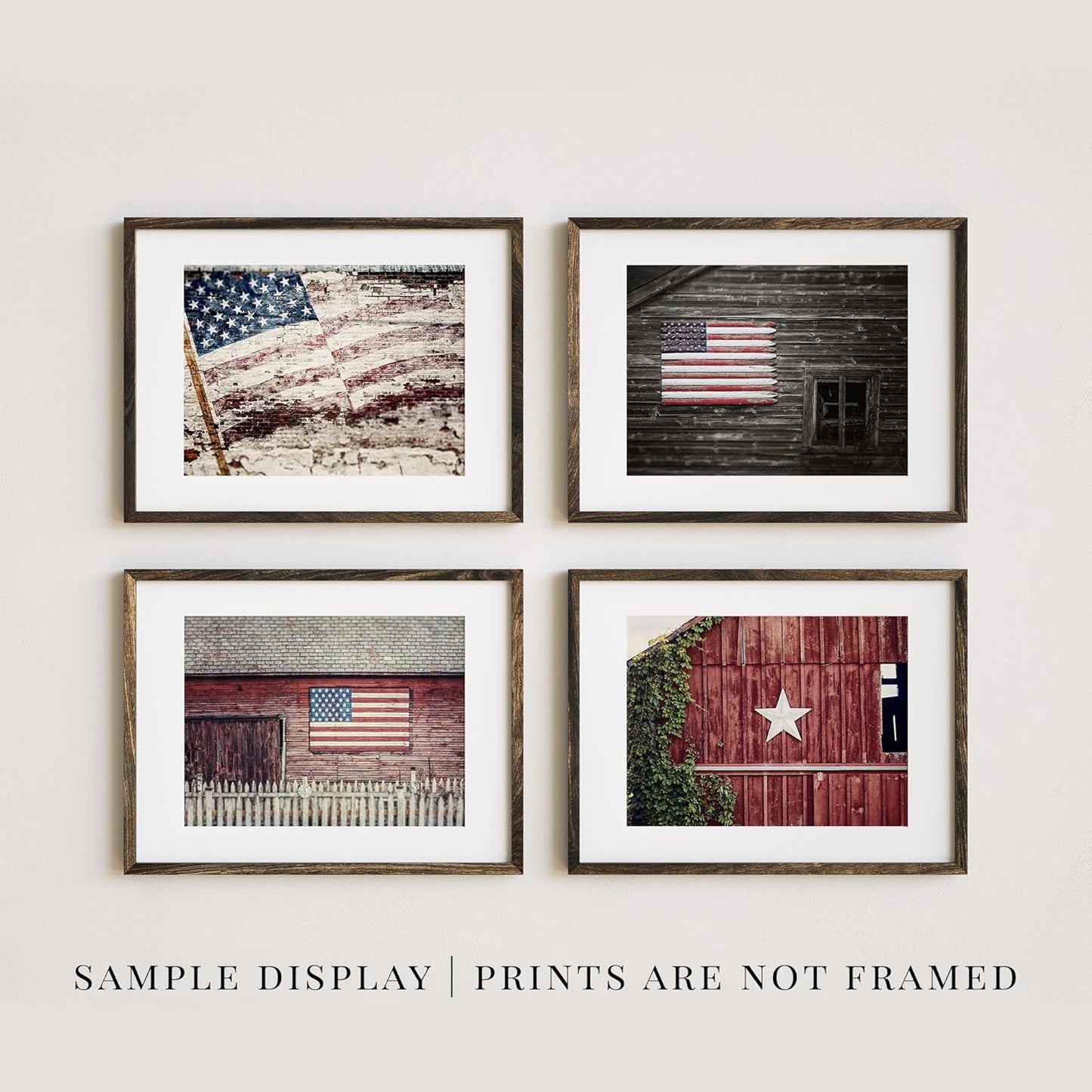 Rustic Farmhouse Decor - Patriotic Barns with American Flags - Set of 4 8x10” Prints - Americana USA Country Pictures