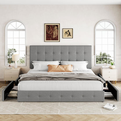 Allewie Upholstered King Size Platform Bed Frame with 4 Storage Drawers and Headboard, Square Stitched Button Tufted, Mattress Foundation with Wooden Slats Support, No Box Spring Needed, Light Grey