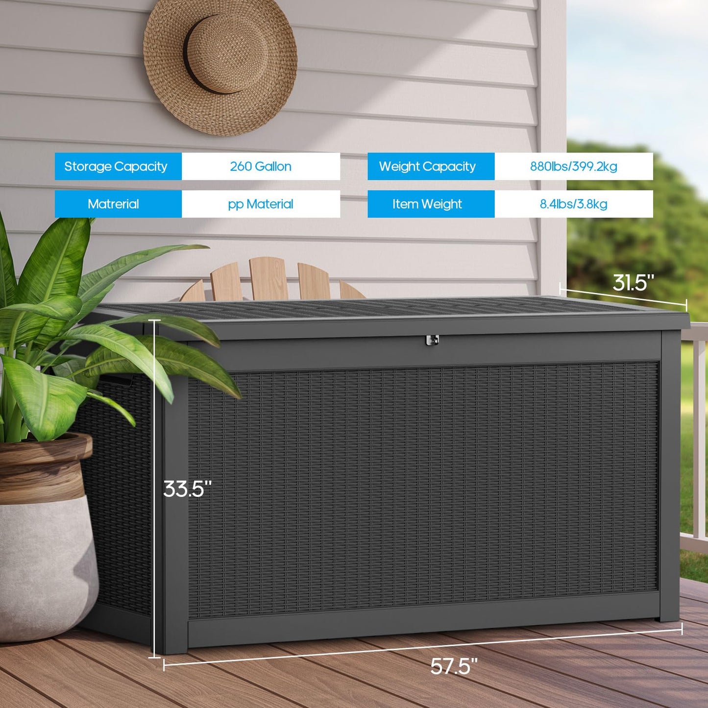 PatioZen 260 Gallon Resin Deck Box Outdoor Storage Box with Lockable Lid, Waterproof for Patio Cushions, Gardening Tools & Exercise Equipment