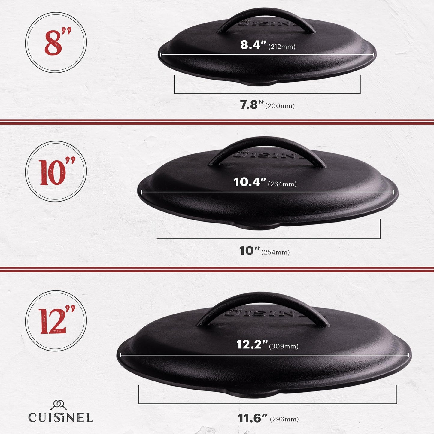 Cuisinel 12" + 10" + 8"-Inch Cast Iron Skillets Set with Braiser Lids + Silicone Handle Grips + Pan Scraper - Indoor/Outdoor Pre-Seasoned Kitchen Cookware - Oven, Fire, Stove Safe