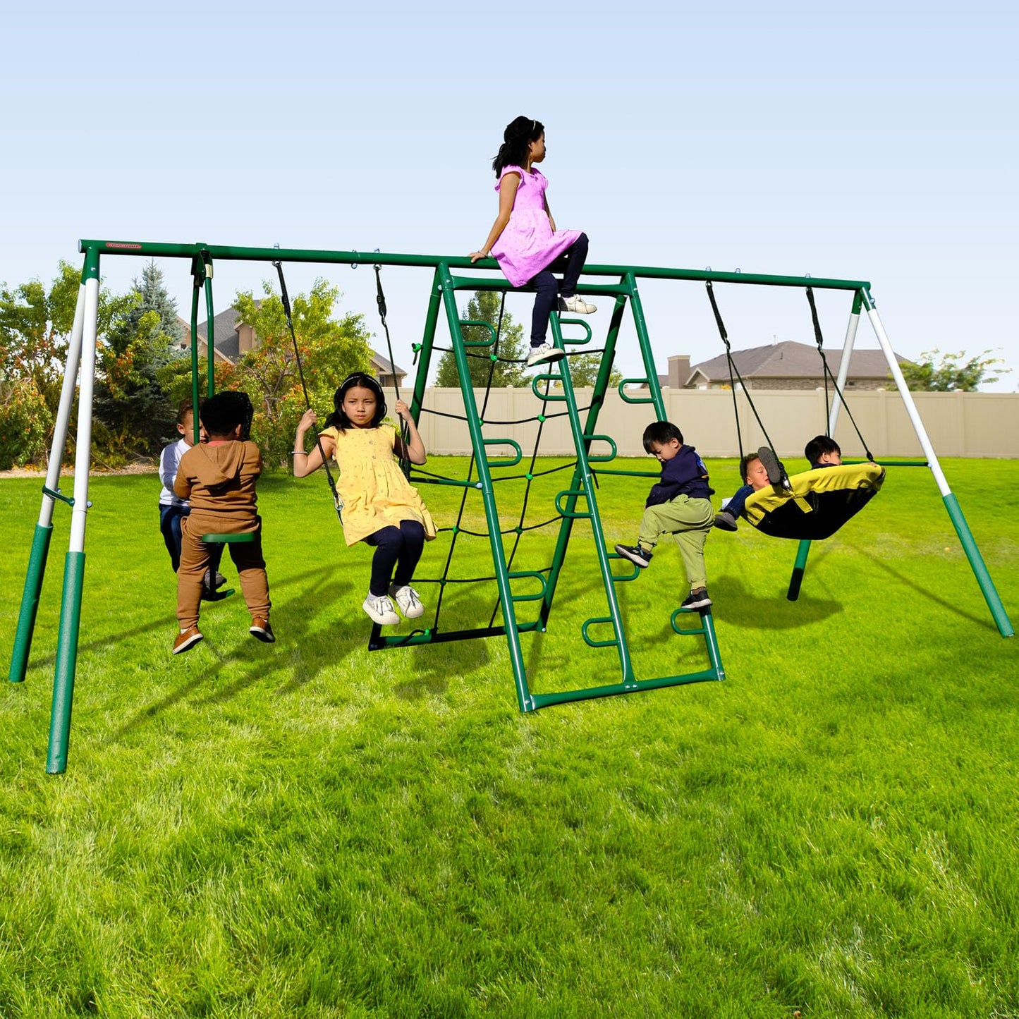 Sportspower Swing Climb and Glide Metal Swing Set 6 in 1: Heavy-Duty A-Frame, Belt Swing, Glider, Saucer, Climbing & Net Ladders (Green)