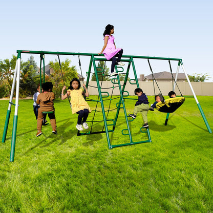 Sportspower Swing Climb and Glide Metal Swing Set 6 in 1: Heavy-Duty A-Frame, Belt Swing, Glider, Saucer, Climbing & Net Ladders (Green)