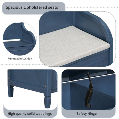 Brisca Rustic Style Storage Bench with Safety Hinge,Solid Wood Entryway Multifunctional Shoe Stool,W/Removable Upholstered Cushion,for Foyer,Bedroom,Antique Navy+Beige