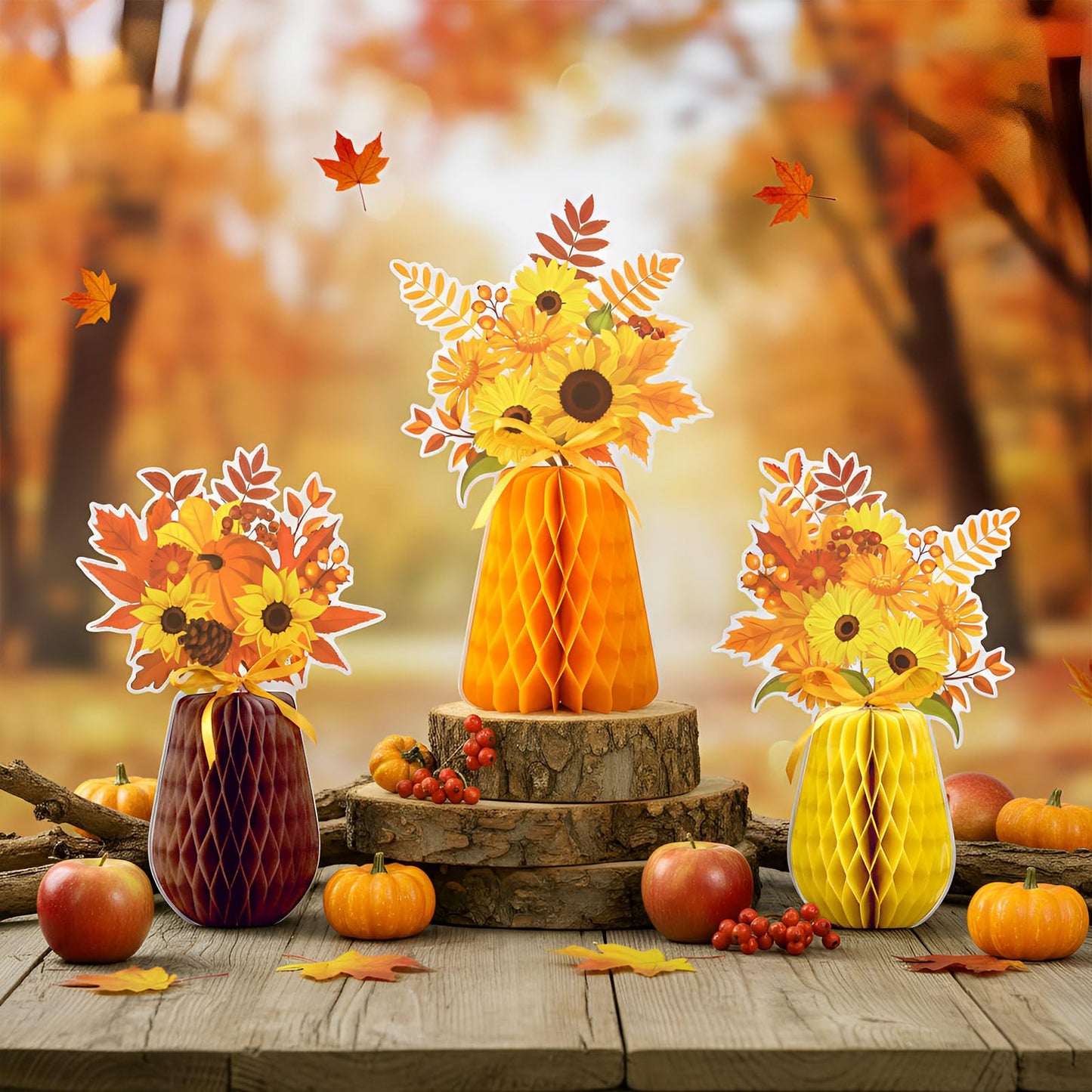 Kathfly 9 Pcs Fall Honeycomb Centerpieces Autumn Thanksgiving Pumpkin Maple Berry Sunflowers Paper Vase Table Centerpiece 3D Fall Party Decoration for Thanksgiving Party Favors Home Table Decor