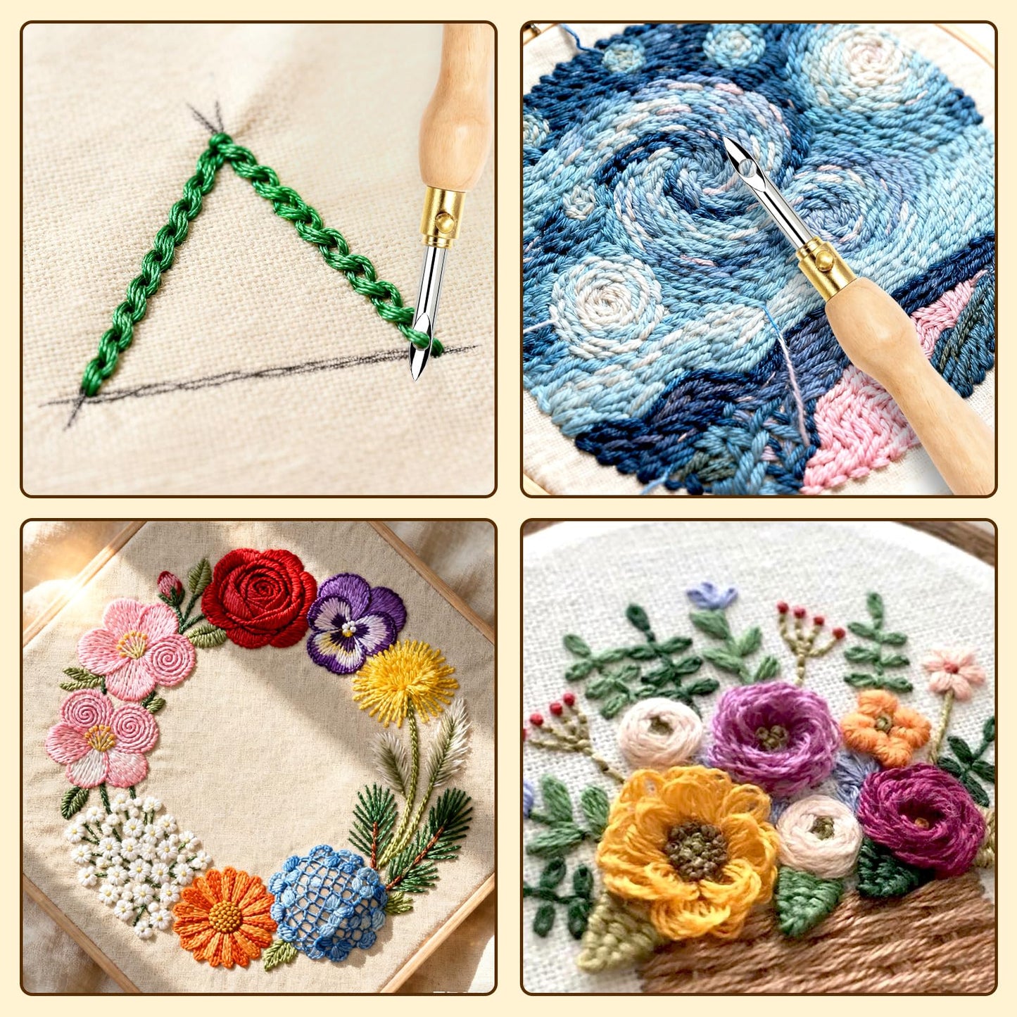 AUGSUN 39Pcs Punch Needle Embroidery Kit, Punch Needle Accessories Set Include Monk's Cloth Cross Stitch Fabric Adjustable Punch Tool for Handicraft Gifts Embroidery DIY Crafting Activity