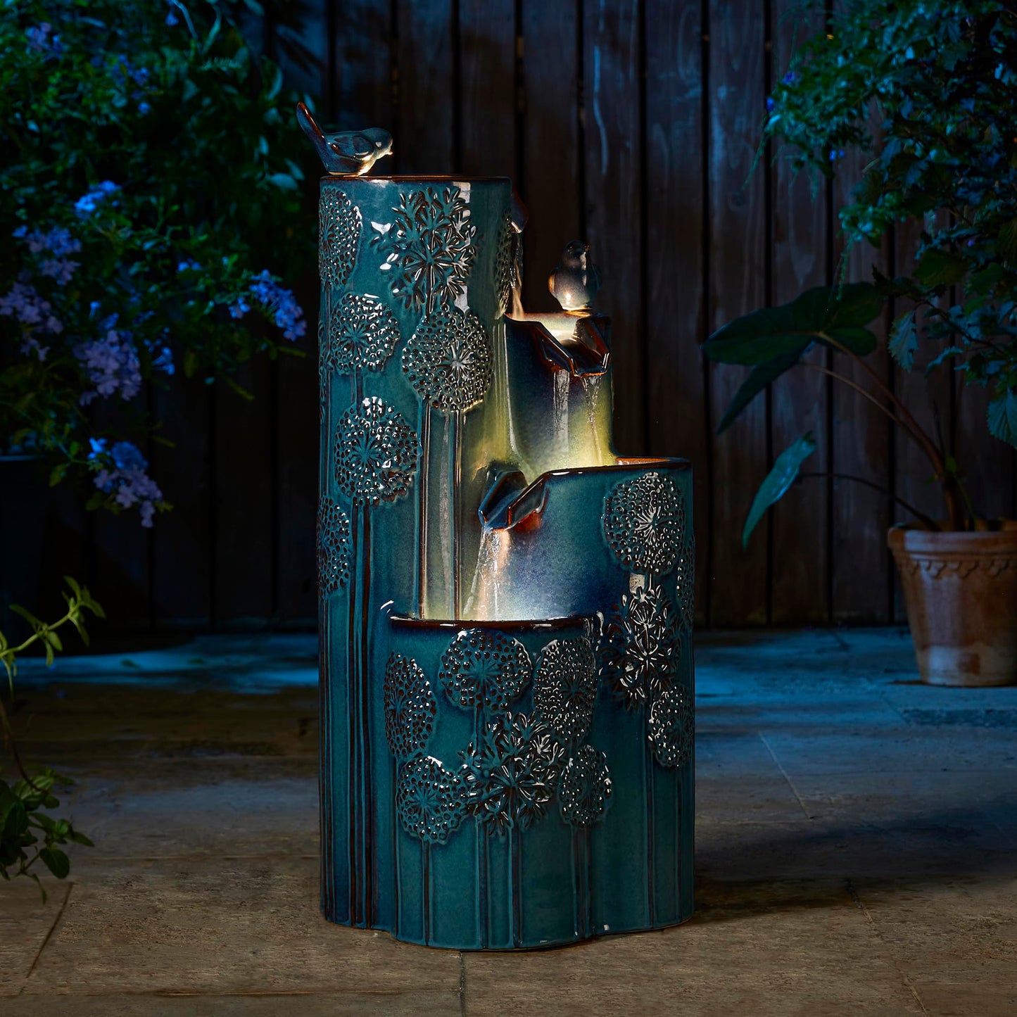 Glitzhome 31.75" H Outdoor Water Fountain with LED Lights and Pump, 4 Tier Dandelion Texture Vase Shaped Ceramic Floor Standing Fountain with Birds for Porch Deck Garden Patio Backyard, Turquoise