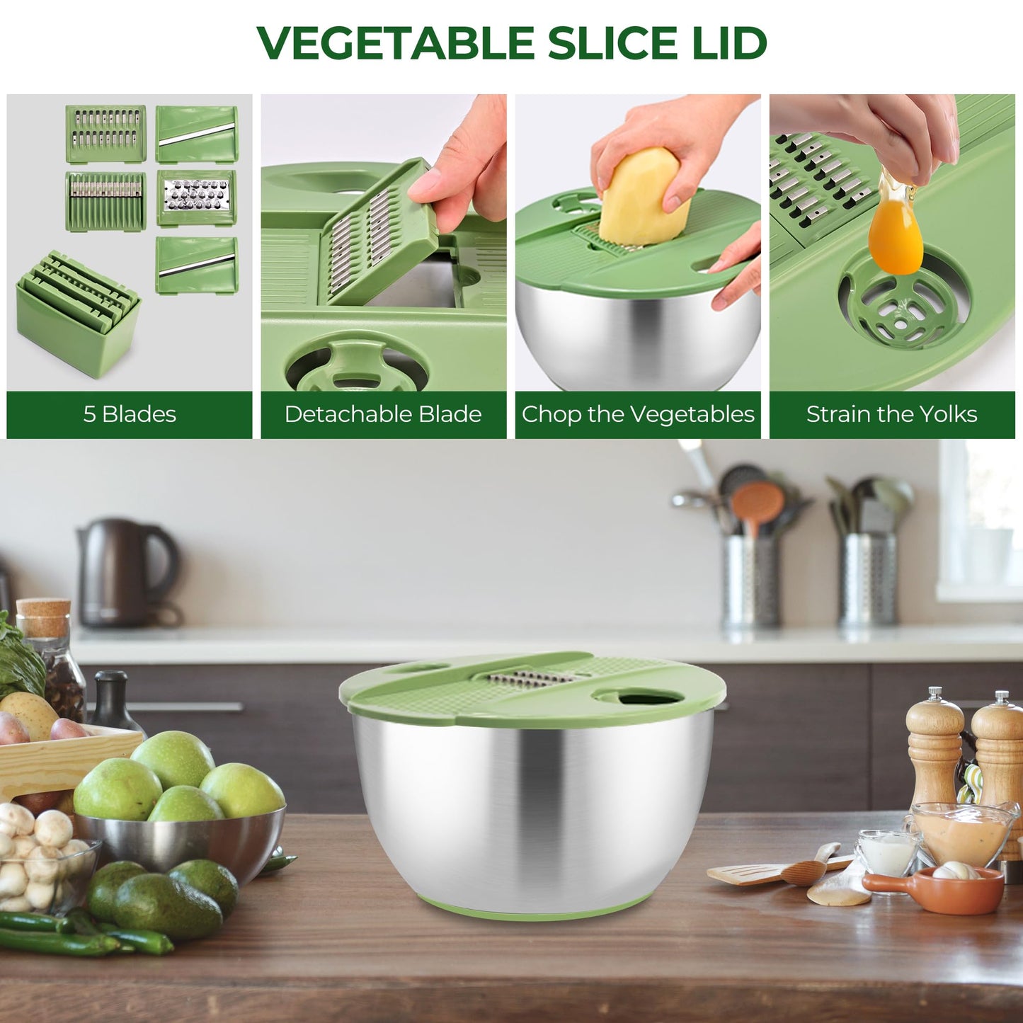 SUSTEAS Stainless Steel Salad Spinner Large, Vegetables Wash Bowl, Fruits & Herb Lettuce Dryer with 5 Blade Slicer Egg Yolk Strainer Shredder for Efficient Salad Preparation and Food Washing, 4.25Qt