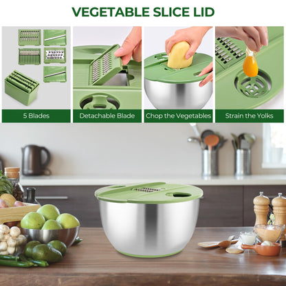 SUSTEAS Stainless Steel Salad Spinner Large, Vegetables Wash Bowl, Fruits & Herb Lettuce Dryer with 5 Blade Slicer Egg Yolk Strainer Shredder for Efficient Salad Preparation and Food Washing, 4.25Qt