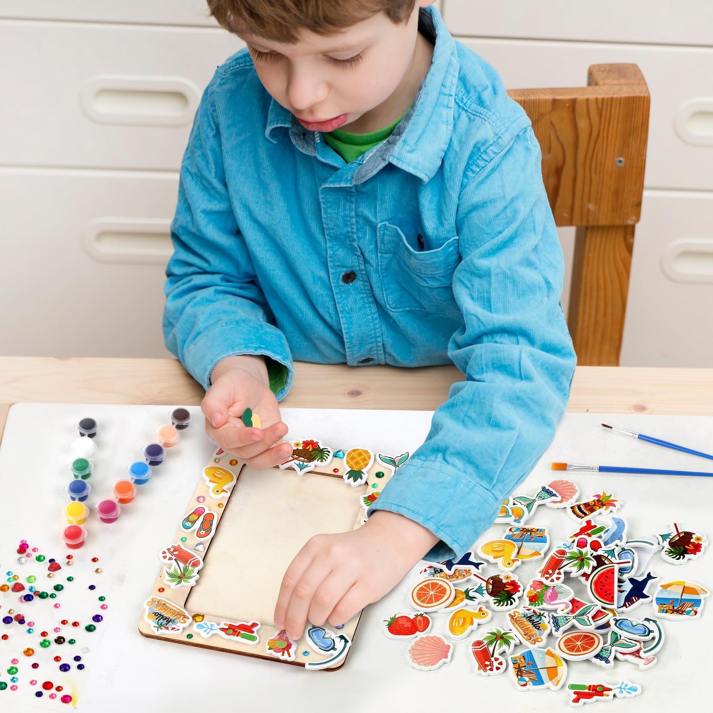 Fovths 24 Packs Summer Picture Frame Painting Craft Kit with 150 Stickers 2 Rhinestone Stickers Painting Tools Set 4 Brushes for DIY Kids Crafts Decorate