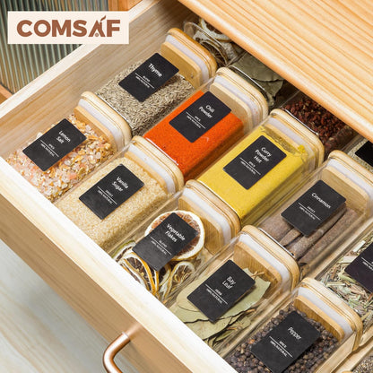 ComSaf 16Pcs Glass Spice Jars with Bamboo Lid, 4oz Airtight Square Spice Containers with 275 Black Lables, Empty Seasoning Jars for Spice Salt Sugar