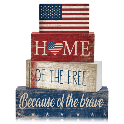 CroBlissful 4 Pcs 4th of July Decorations Patriotic Memorial Day Tabletop Decorations Red White Blue Table Centerpieces Sign for Office Tiered Tray Home Shelf 250th Anniversary(Flag)
