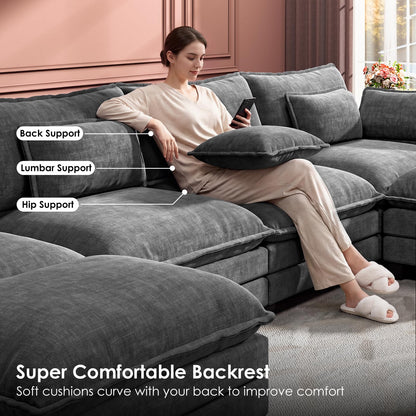Marsail Modular Sectional Sofa 145.6" U-Shaped Modern Comfy Cloud Couch, 6-Seat Chenille Deep Seat Sofa with Throw Pillow & Movable Ottoman for Living Room, Bedroom and Apartment, Grey