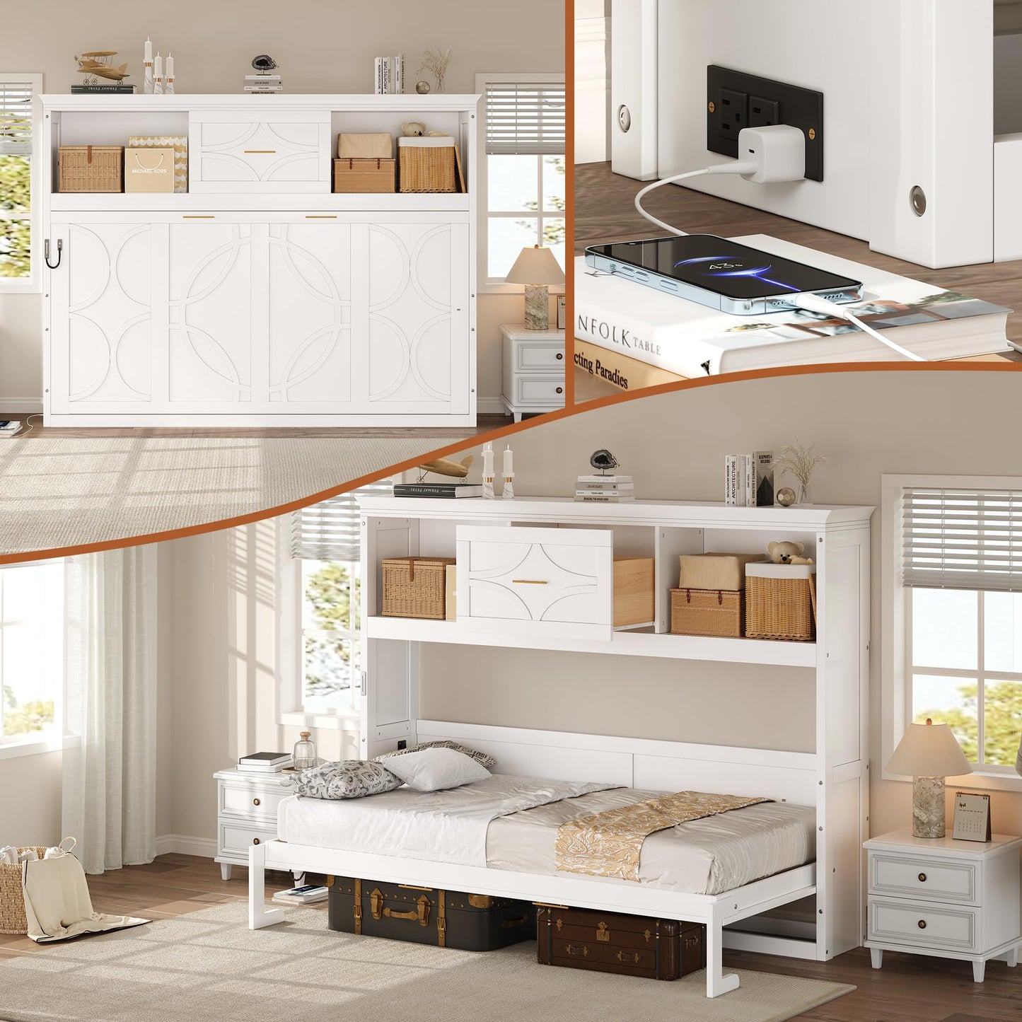 Merax Farmhouse Wood Murphy Bed Chest with Charging Station & Drawer, Storage Wall Bed with Wood Slat Support/Space Saving, Twin,White