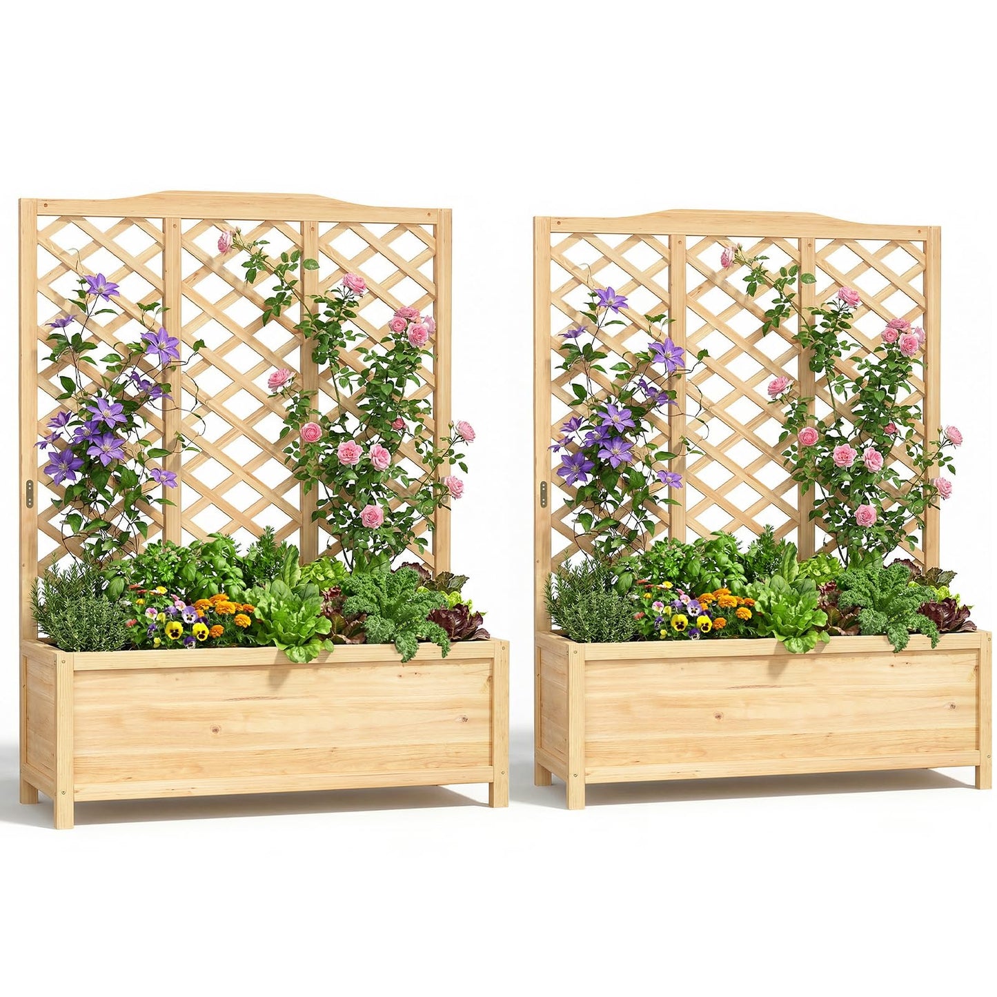 UrGROWA Wooden Raised Garden Bed with Trellis, Freestanding Planter Box with Drainage for Vines Climbing Plants Flowers Herbs, Elevated Gardening Planter for Backyard Balcony Patio
