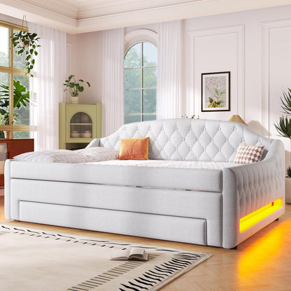 Merax Upholstered Full Size Daybed with LED Lights, Trundle & 3 Drawers, Linen Sofa Bed for Guest Room & Small Spaces, Beige