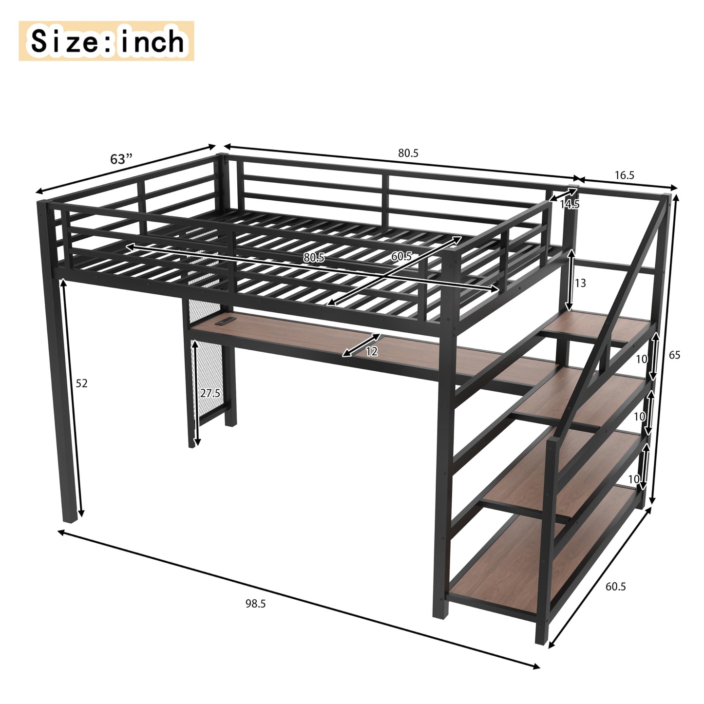 Queen Size Loft Bed with Desk and Storage Stairs, Metal Loft Bed Frame with LED Lights, Charging Station, and Multi-function Iron Nets, Loftbed for Kids, Teens, Adults, Noise-free, Black and Wood