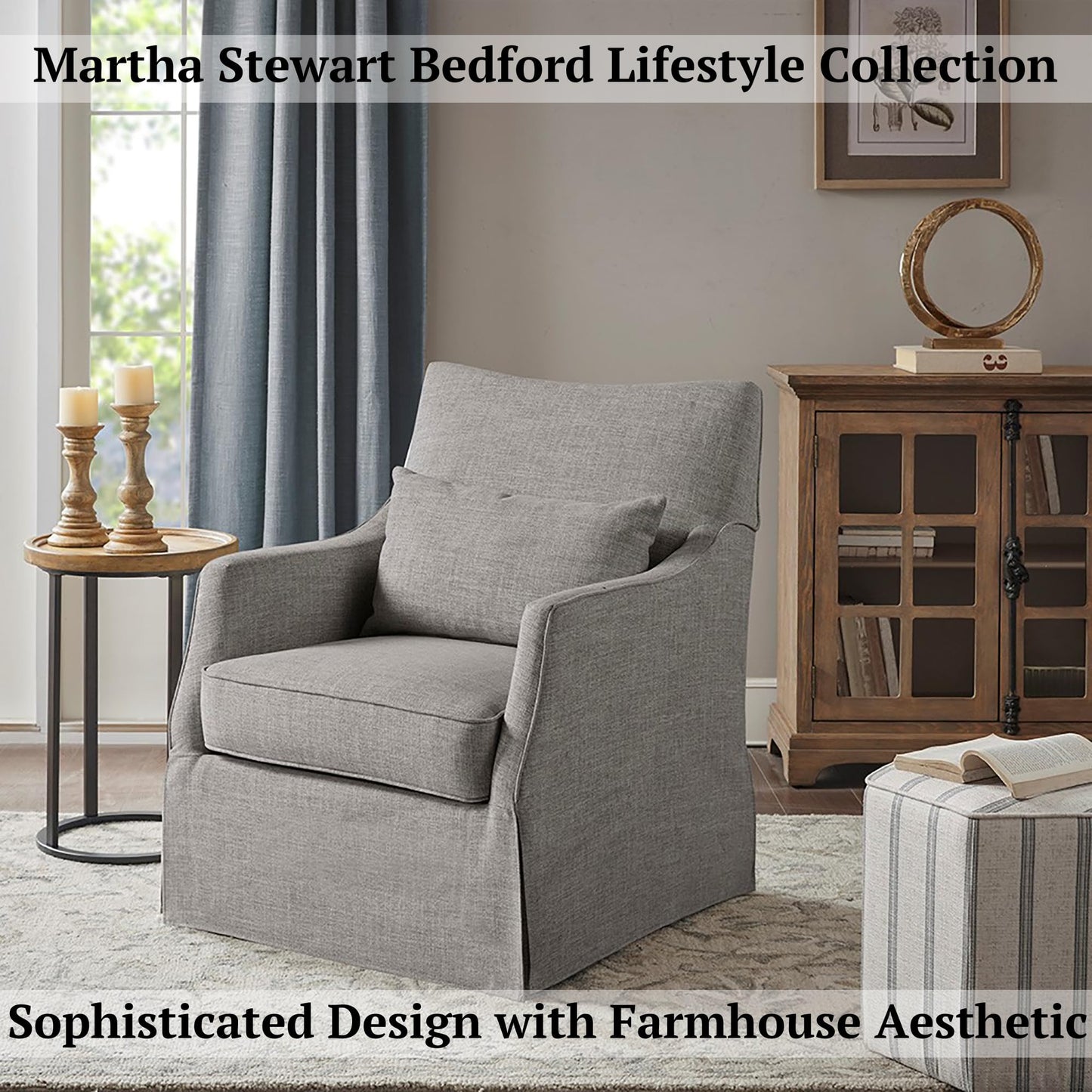 Martha Stewart London Swivel Chair - Solid Wood & Plywood, Skirted Metal Base Accent Armchair, Lumbar Pillow -Modern Classic Family Room Sofa Furniture Bedroom Lounge, 28"X31.5"X35.25", Grey